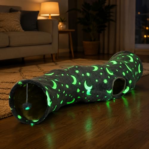 Image of Cat Tunnel Tube with Plush Ball Toys Collapsible Self-Luminous Photoluminescence, for Small Pets Bunny Rabbits, Kittens, Ferrets,Puppy and Dogs Grey Moon Star (S-Shape)