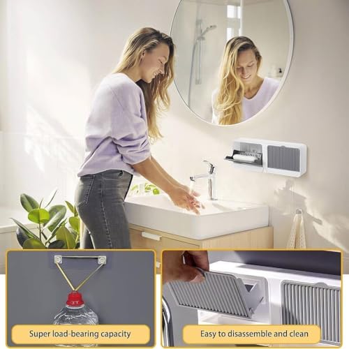 Image of RERANT Wall Mounted Soap Holder Box with Lid and Pull-Out Drain Tray, Adhesive Wall Installation Soap Case with Hook, Bathroom Bar Soap Storage Organizer Unit