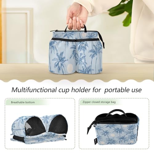 Image of Luggage Cup Holder for Suitcases Free Hands Suitcase Cup Holder Travel Luggage Drink Holder Portable Luggage Cup Caddy Bag Carrier with Handle Light Blue Palm Trees and Sun