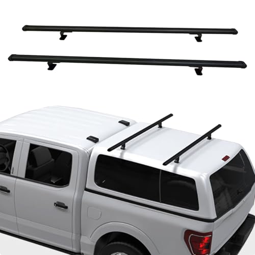 Universal Adjustable Truck Cap Rack Roof Ladder Rack Compatible with Van & Pickup Truck Cap & Topper (Drilling Required) 2 Bar Black Aluminum Camper Shell Roof Rack Cross Bars Crossbar