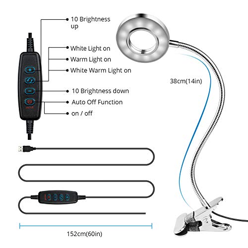 Led Clip Reading Light, 24 LEDs USB Clip on Lamp with 3 Color Mode and 10 level dimmer, Eye Care Lamp with 360 ° Flexible Gooseneck, Memory Function&Auto Off Function Book Light
