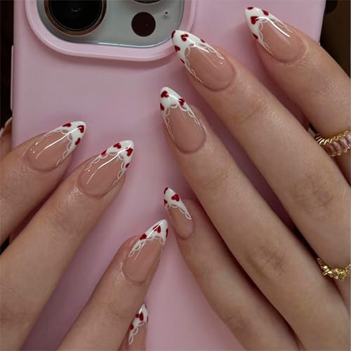French Tip Press on Nails Medium Almond Fake Nails Valentines Day False Nails with Red Heart Designs Cute Glue on Nails Full Cover Stick on Nail for Women Manicure 24Pcs