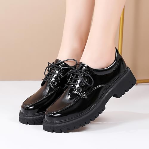 Image of Womens Black Oxford Work Shoes, Comfortable Lace-Up Casual Dress Footwear