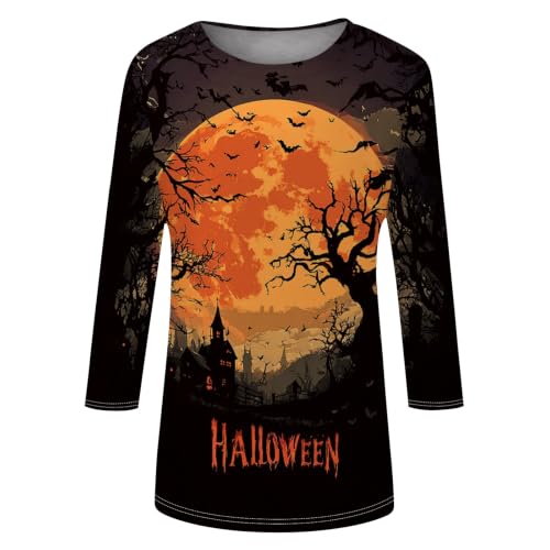 Image of Women Spooky Halloween Graphic Shirt 3 /4 Length Sleeve Crewneck Top | Halloween Funny Printed Pumpkin Plus Size Tshirts 2026 Fall Outfits Skeleton Tee Going Out Tops