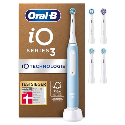 Oral-B iO Series 3 Elektrische Zahnbürste Hellblau PLUS Ausgewählte Original Oral-B iO Aufsteckbürsten Weiß 5x