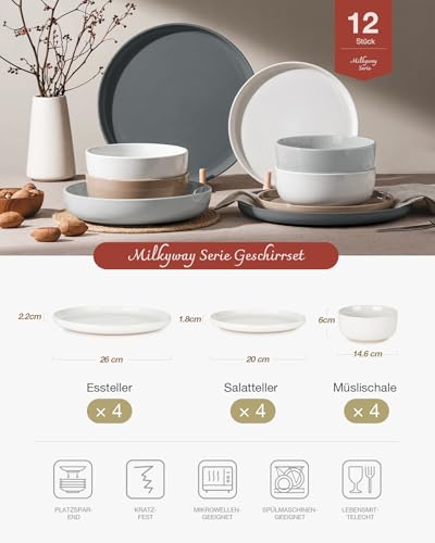 Richmount Milkyway Geschirrset,12-teiliges teller set,Steingut Geschirr Set für 4 mit Speiseteller, Dessertteller, Müslischalen, Mikrowellen & Spülmaschinenfest, Mehrfarbig