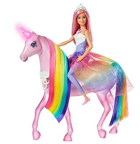 Barbie Dreamtopia Magical Lights Unicorn with Rainbow Mane, Lights and Sounds, Barbie Princess Doll with Pink Hair and Food Accessory, Gift for 3 to 7 Year Olds, Multi, Ãnica