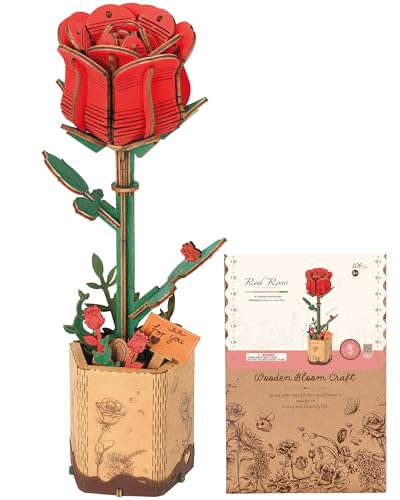 ROBOTIME Red Rose 3D Wooden Flower Puzzle, DIY Craft Kit for Adults,...