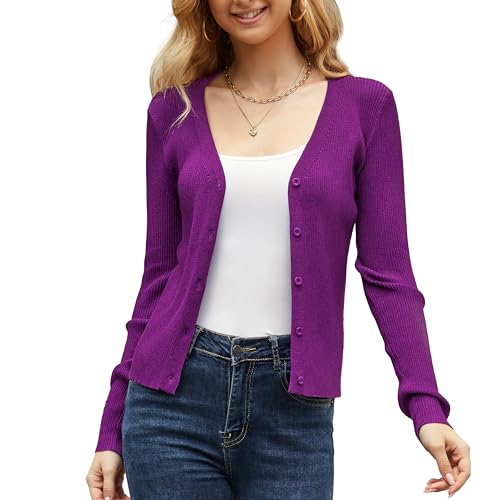 Image of Women's Long Sleeve Ribbed Knit V Neck Button Down Slim Fitted Cropped Cardigan