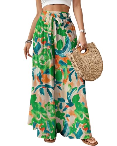 Bsubseach Wide Leg Pants Woman Flowy Floral Palazzo Pants for Women High Waisted Summer Casual Trousers Cruise Outfits Green Printed XXL