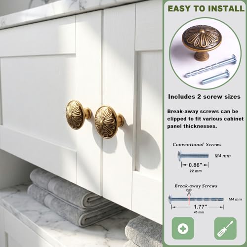 Image of DWYL & LWYD Antique Brass Cabinet Knobs 4 Pack - Solid Die-Cast Zinc Alloy 1.4 inchDia - Vintage Brass Round Cabinet Handles for Kitchen Cabinets and Drawers, Dresser Knobs Drawer Pulls Vintage