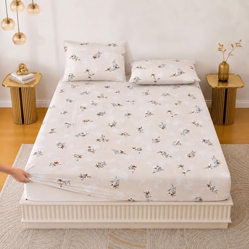 Image of King Size Elastic Fitted Bedsheet, 100% Pure Cotton King Size Fitted Bedsheet for Double Bed with 2 Pillow Covers, 240 TC, 72x78 Inches up to 8-inch Mattress, Floral (Cocoa Blossom)