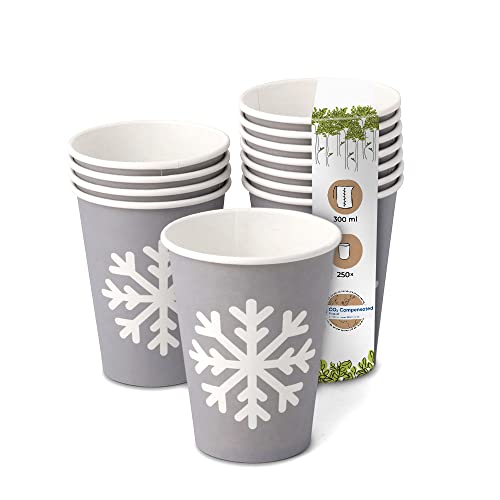 BIOZOYG Bio Gobelets Café jetable Motif d'hiver Flocon I 250 Gobelets gris 300 ml / 12 oz I Vaisselle jetable ecologique, compostable et biodégradable