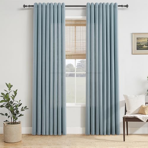 Jowels Blue Linen Grommet Curtains 82 Inch Length 2 Panels for Living Room