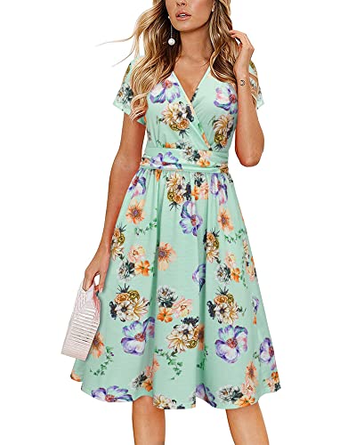 Image of Newshows Womens Summer Short Sleeve Casual Dresses V Neck Floral Vacation Sundress Faux Wrap Midi Dress with Pockets