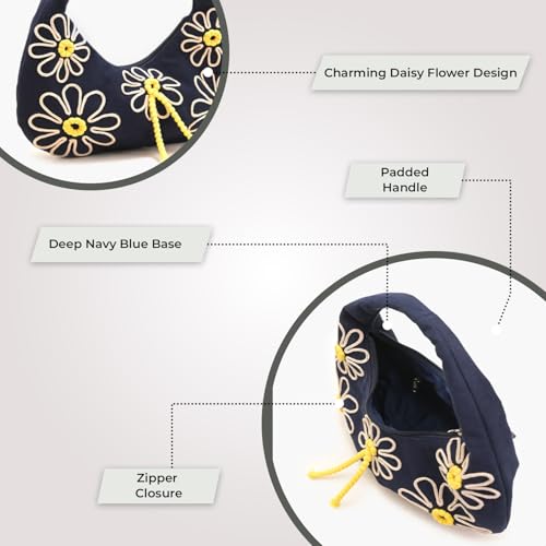 Image of Boho Girl Indigo Blossom Tote Bag - Navy Blue Floral Handbag for Women with Embroidered Flowers, Padded Handle & Ribbon Detail - Chic Shoulder Bag for Travel, Brunch