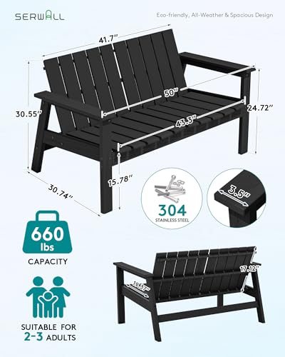 Image of SERWALL 2-Person HDPE All-Weather Outdoor Bench Set of 2, Black