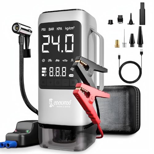Image of Cockatoo ATJ-9366-V Portable Tyre Inflator & 8000mAh Car Jump Starter with Air Compressor, Vacuum Cleaner, LED Display, Emergency Light & USB Output - Supports 6.0L Gas /3.0L Diesel Engines