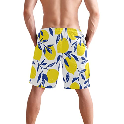 susiyo Yellow Lemon Blue Leaves Men's Beachwear Swim Trunks Quick Dry Bathing Suits with Mesh Lining and Pockets3