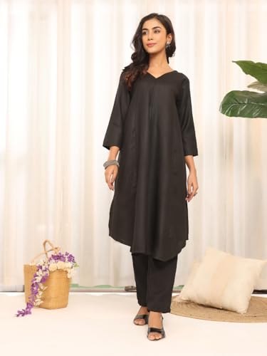 Image of Varanga Women's Violet Strap Kurta with Tonal Bottom & Printed Dupatta - Round Neck, Side Slit Design, Stylish & Comfortable