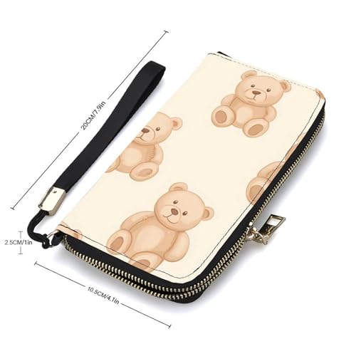 Teddy Bears Brown Beige Women's Leather Clutch Wallet with Zip Card Holder Hand Strap Large Capacity2