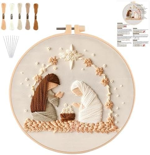 Image of YOUDRN Nativity Scene Embroidery kit,Christmas Cross Stitch Kits,DIY Embroidery Kit for Adults with Pattern,Cotton Threads,Needles,Instruction,20cm Hoop,for Decor Home Room (Manger)