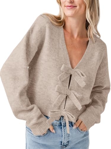 Image of Saodimallsu Womens Bow Sweater Cropped V Neck Long Sleeve Pullover Tops | Soft Cozy Knit, Two-Way Wear Design, Front & Back Bow, Cute Fall Tops 2026, Winter Fashion, Dressy Casual Holiday Outfits