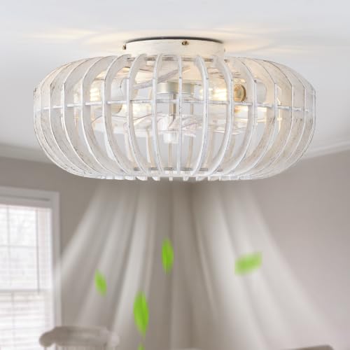 Image of Wood Caged Farmhouse Ceiling Fans with Lights for Bedroom, White, 20 inch | Flush Mount,Rustic, Remote Control, Wooden Low Profile for Living Room, Nursery