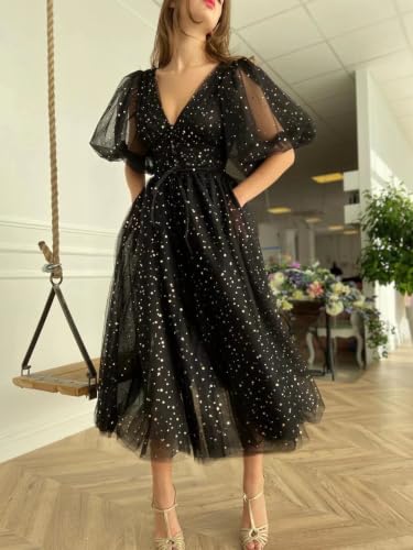 Xijun Cameo Brown Sparkle Starry Tulle Ball Prom Dresses Puffy Sleeve Tea-Length Plus Size Formal Evening Gowns For Women Corset Wedding Gowns With Slit Us26W #TOP30
