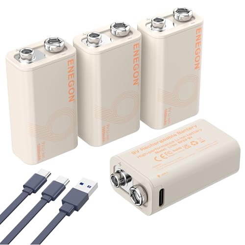 ENEGON 9V 4er Pack Wiederaufladbare Lithium batterien 3,7Wh/1000mAh Type C Schnellladung, 9V/0,6A Stabile Leistung, Kompatibel mit Multimeter/Drahtlosem Mikrofon/Rauchmelder und Mehr   6F22