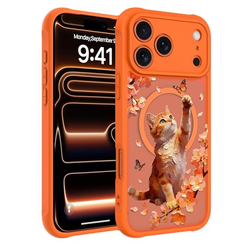 Coque iPhone 17 MagSafe tharlet orange mat avec motif chaton et protection écran