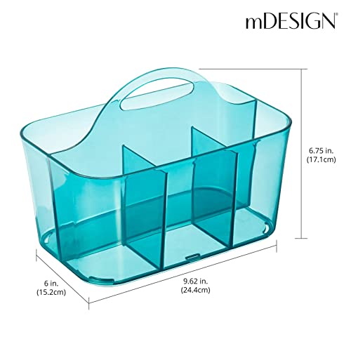 Image of mDesign Plastic Portable Craft Storage Organizer Caddy Tote, Divided Basket Bin w /Handle - Craft, Sewing, Art Supplies - Holds Brushes, Colored Pencils - Lumiere Collection - Dark Aqua Blue Tint