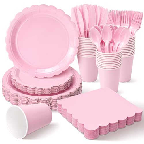 Vyntra 350 Pcs Pink Paper Plates and Napkins Set for 50 9 Dinner Plates & 7 Dessert Plates Tableware for Birthday Party Mothers Day