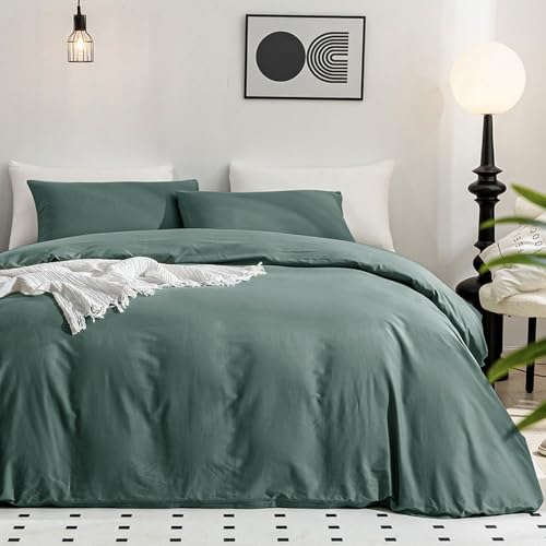 JELLYMONI Dark Green Duvet Cover Full Size - 100% Washed Cotton Linen Like Textured Comforter Cover, 3 Pieces Breathable Soft Bedding Set with Zipper Closure (Dark Green, Full 80"x90") by JELLYMONI - Used condition - CA$30.54