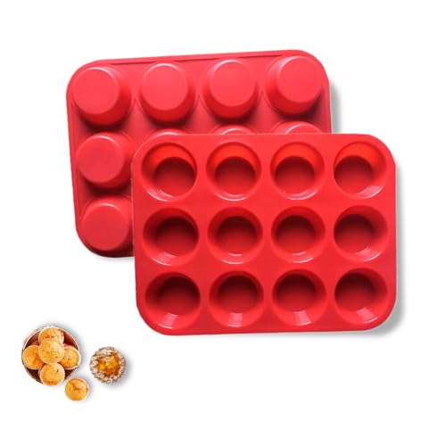 HAYGEM 2 Pièces Moule Mini Quiche Rouge, Silicone Muffin Tin 12 Moules, Plaque Mini Four Muffins Silicone, Sans BPA Plaque de Cuisson Antiadhésive pour Muffins, Cupcakes, Glaces, Tartes et Desserts