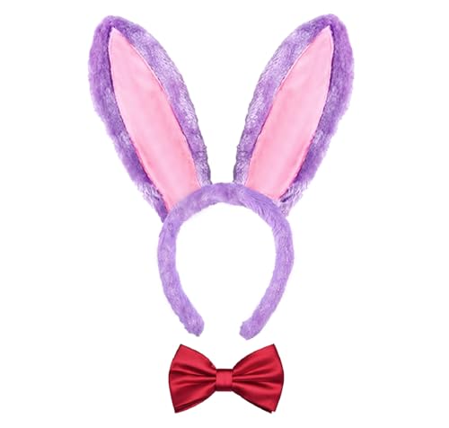 YESELR 2PCS Bunny Ears Headband and Red Bow Tie Set for Women Purple Pink Rabbit Costume Accessories for Halloween Party Cosplay Dress Up