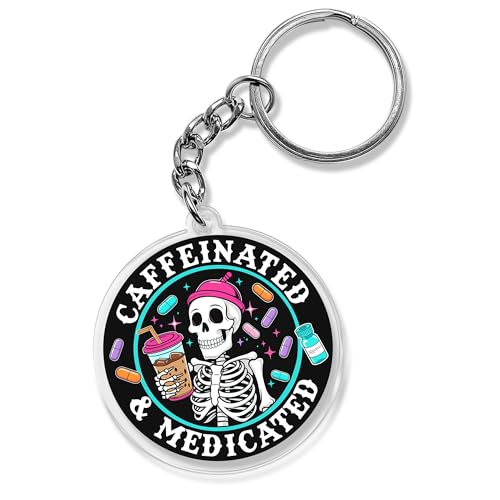 QUINNIAN Caffeinated And Medicated Keychain 2 Inches Mental Health, Coffee, Overstimulated, Acrylic Material Key Ring Accessories for Motorcycles Cars Backpack Handbag Gifts for Dad Coworker