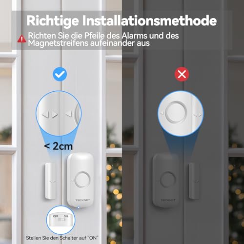 TECKNET Tür Fenster Sensor Klingel, Tür Fensteralarm Funkklingel mit 300M Reichweite, 61 Klingeltönen und RGB Licht, Türsensor Alarmklingel für Häuser, Geschäft und Büro, weiß