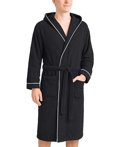 LAYNENBURG Peignoir Homme en éponge - Capuche - long - 100% coton (360g/m2) - OEKO TEX Standard 100 - Taille (XXL, Noir)