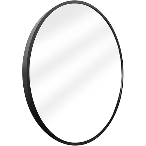 QKA Bathroom Round Mirror 20-Inch Black Wall Circle Mirrors Finished Aluminum Framed Rust-Proof Entryway Décor for Washing Room Living Room
