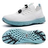 KOLILI Women's Lightweight Water Shoes for Swimming, Quick Drying Water Aerobics Shoe, Arch Support Aqua Shoes for Surfing, Woman Slip on Walking Sneaker for Outdoor White/Sky Blue 9