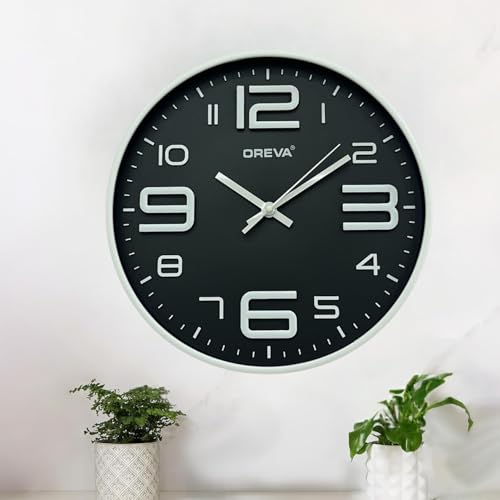 Image of OREVA 12 Inch Round Fancy Embossed Number Dial Contemporary Stylish Quartz Clocks Modern Analog Silent Wall Clock for Living Room Bedroom Home Decor Office AQ-9497SS (Black)