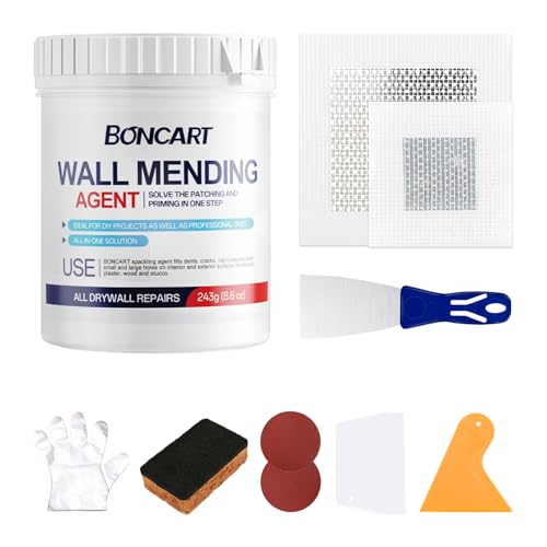BONCART 8.6oz Drywall Patch Repair Kit - Professional All-in-1 Tool Set (Scrapers/Sandpaper/Texture Sponge/Gloves/ ​Aluminum Patches) for Fast Wall Hole Repair