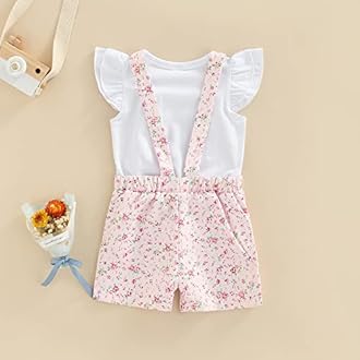 Toddler Baby Girl Summer Overall Outfit Ruffle Sleeve Tops T-Shirt + Floral Suspender Shorts Pockets Clothes Set (Floral Pink, 4-5 Years)