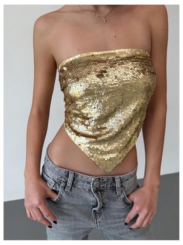MakeMeChic Women's Sequin Sparkly Tie Backless Tube Crop Tops Strapless Bandeau Top Clubwear4