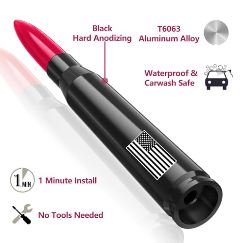Image of Car Truck Bullet Antenna with Tire Valve Caps American Flag Universal Short Replacement for GMC Sierra Chevy Silverado Dodge Ram 1500 2500 3500 Ford F150 F250 F350 Super Duty Raptor Accessories, Red