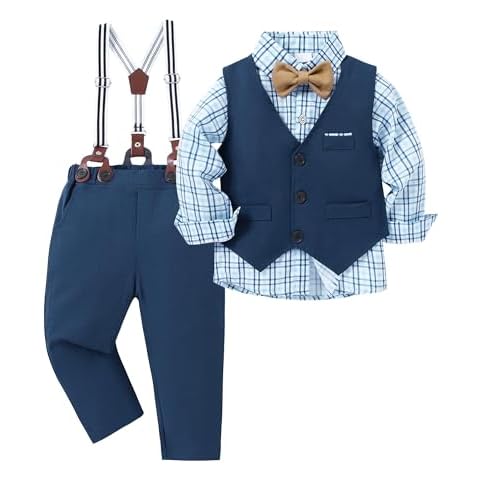 ZOEREA Toddler Boy Suit Formal Wedding Outfits Gentleman Clothes Long Sleeve Shirt + Suspender Pants + Bowtie Azure Blue 18-24 Months Cover