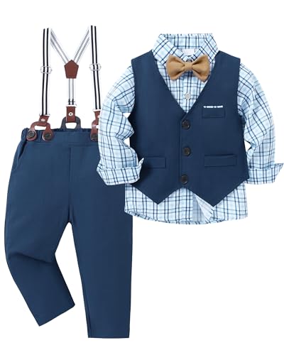 Image of ZOEREA Toddler Boy Suit Formal Wedding Outfits Gentleman Clothes Long Sleeve Shirt + Suspender Pants + Bowtie