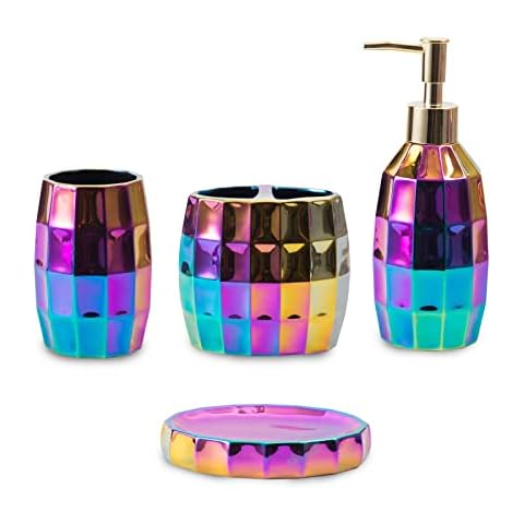 Rainbow Bathroom Accessory Set, Colorful/Gold Mosaic Ceramic Bathroom Accessories Sets Includes Lotion Dispenser, Toothbrush Holder Tumbler, and Soap Dish Cover
