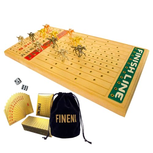 FINENI Horse Racing Game for Adults, Horse Race Board Game with 11 Luxurious Metal Horses (Gold, Silver, Black, Rose Gold), 22” Beech Wood Horse Race Game Board, Dice & Golden Card Included (Beech)